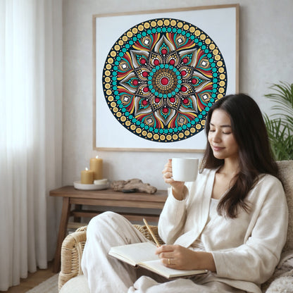 Mandala featuring a bold red center surrounded by intricate circular patterns, striking meditation artwork on a poster.  The mandala poster is framed and is in the center of the living room wall. There is a coffee table below the poster with burning candles. A young woman is sitting in a wicker chair on the right side of the mandala with a cup of tea writing in her journal.

