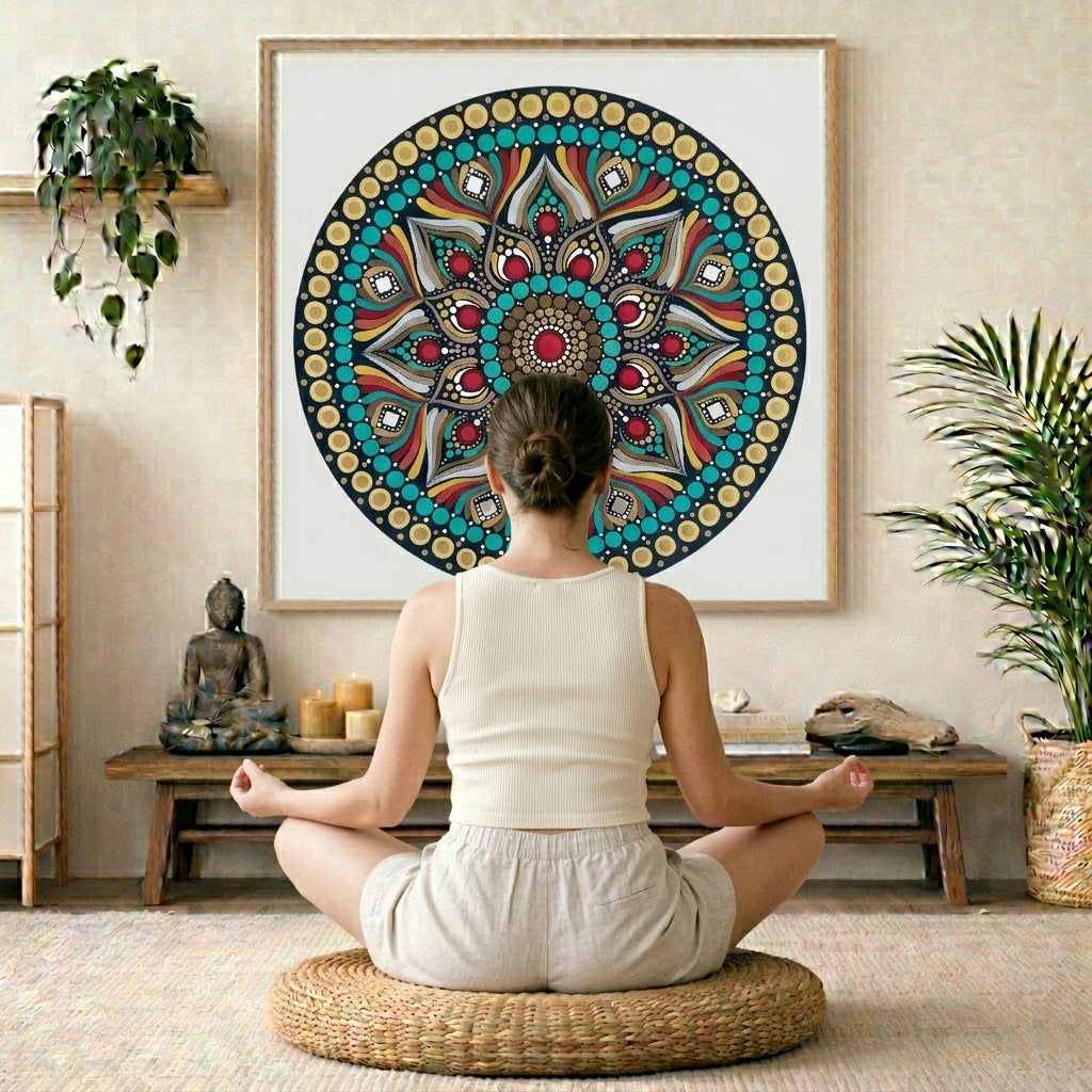 Mandala featuring a bold red center surrounded by intricate circular patterns, striking meditation artwork on a poster.  The mandala is framed hanging on a living room wall. A woman is mediating facing the mandala. There is a coffee table in front of her with burning candles and a Buddha statue. There are green potted plants on each side of the room.
