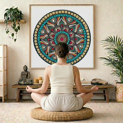 Mandala featuring a bold red center surrounded by intricate circular patterns, striking meditation artwork on a poster.  The mandala is framed hanging on a living room wall. A woman is mediating facing the mandala. There is a coffee table in front of her with burning candles and a Buddha statue. There are green potted plants on each side of the room.
