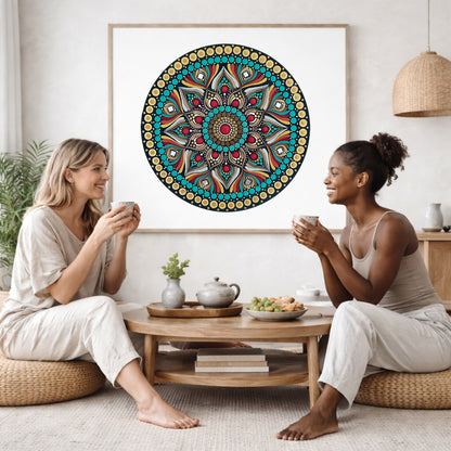 Mandala featuring a bold red center surrounded by intricate circular patterns, striking meditation artwork on a poster.  The mandala poster is framed and is in the center of the living room wall. Two female friends are having tea, grapes and cookies on a coffee table in front of the mandala poster. On the left there is a green potted plant and to the right there is a hanging lamp.
