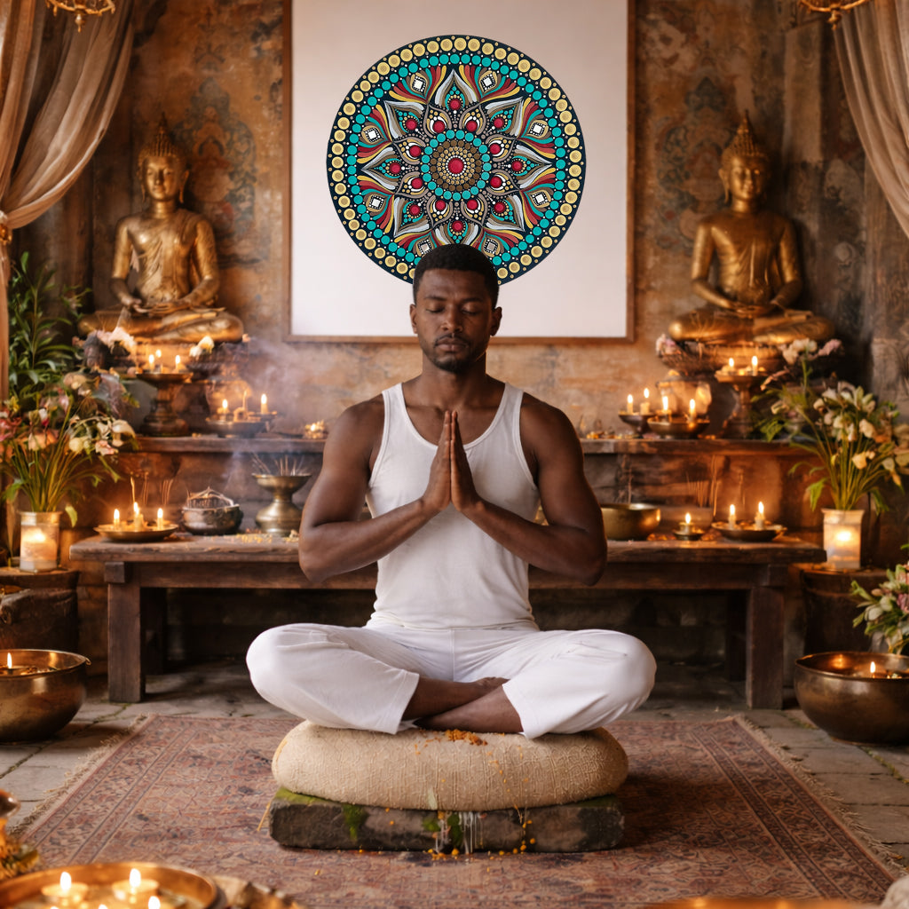 Mandala featuring a bold red center surrounded by intricate circular patterns, striking meditation artwork on a poster.  The mandala poster is framed and is in the center of the living room wall. There is a man meditating facing away from the wall. Behind him is a coffee table with incense and a Buddha statue. There are potted plants on the right and left side of the background. 
