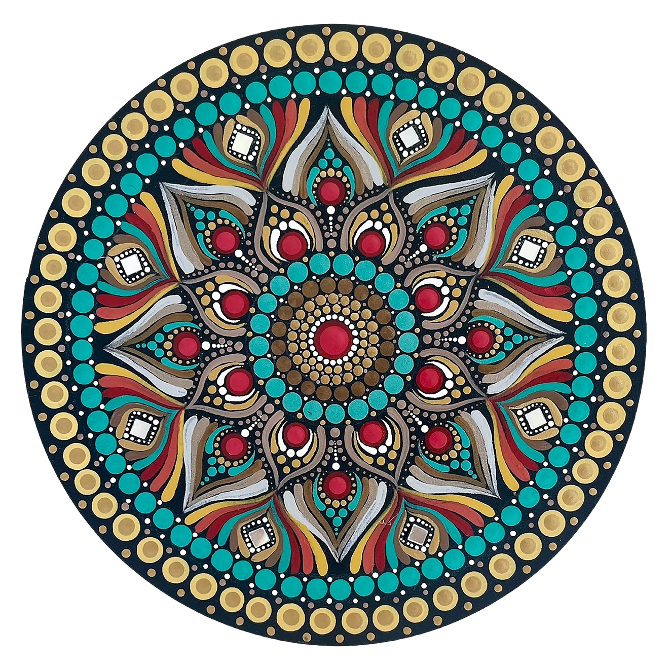 Thumbnail of a Mandala featuring a bold red center surrounded by intricate circular patterns, striking meditation artwork on a poster.  This is a print of the original hand-painted mandala by Brazilian artist Claudia Stagni.
