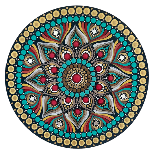 Thumbnail of a Mandala featuring a bold red center surrounded by intricate circular patterns, striking meditation artwork on a poster.  This is a print of the original hand-painted mandala by Brazilian artist Claudia Stagni.
