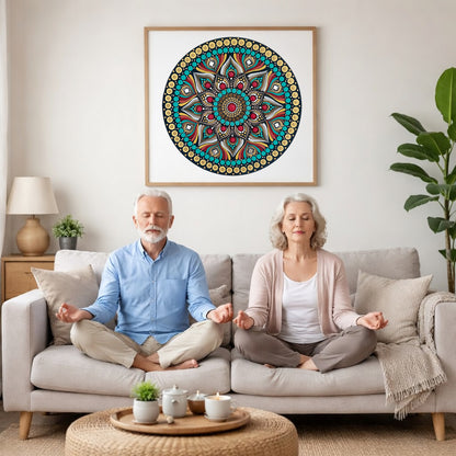 Mandala featuring a bold red center surrounded by intricate circular patterns, striking meditation artwork on a poster.  A couple is meditating on their couch. The mandala is framed on a wall behind them. There is a coffee table in front with candles burning and a potted plant. There is a potted plant to the right and shelves on the left.
