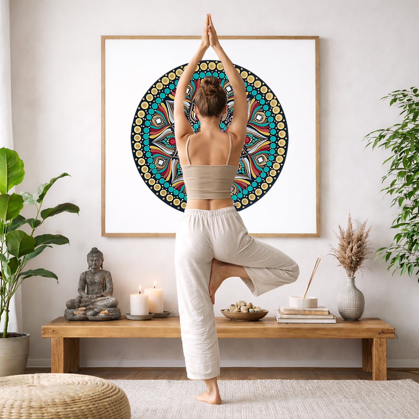 Mandala featuring a bold red center surrounded by intricate circular patterns, striking meditation artwork on a poster. The mandala is framed hanging on a living room wall. A woman is doing the yoga tree pose (Vrksasana) facing the mandala. There is a coffee table in front of her with candles and a Buddha statue. There are green potted plants on each side of the room.
