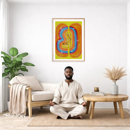 This poster showcases the beautiful, layered colors of the human aura. The poster is framed and is in the center of the living room wall. There is a man meditating facing away from the wall. Behind him is a coffee table with incense and a Buddha statue. There are potted plants on the right and left side of the background.
