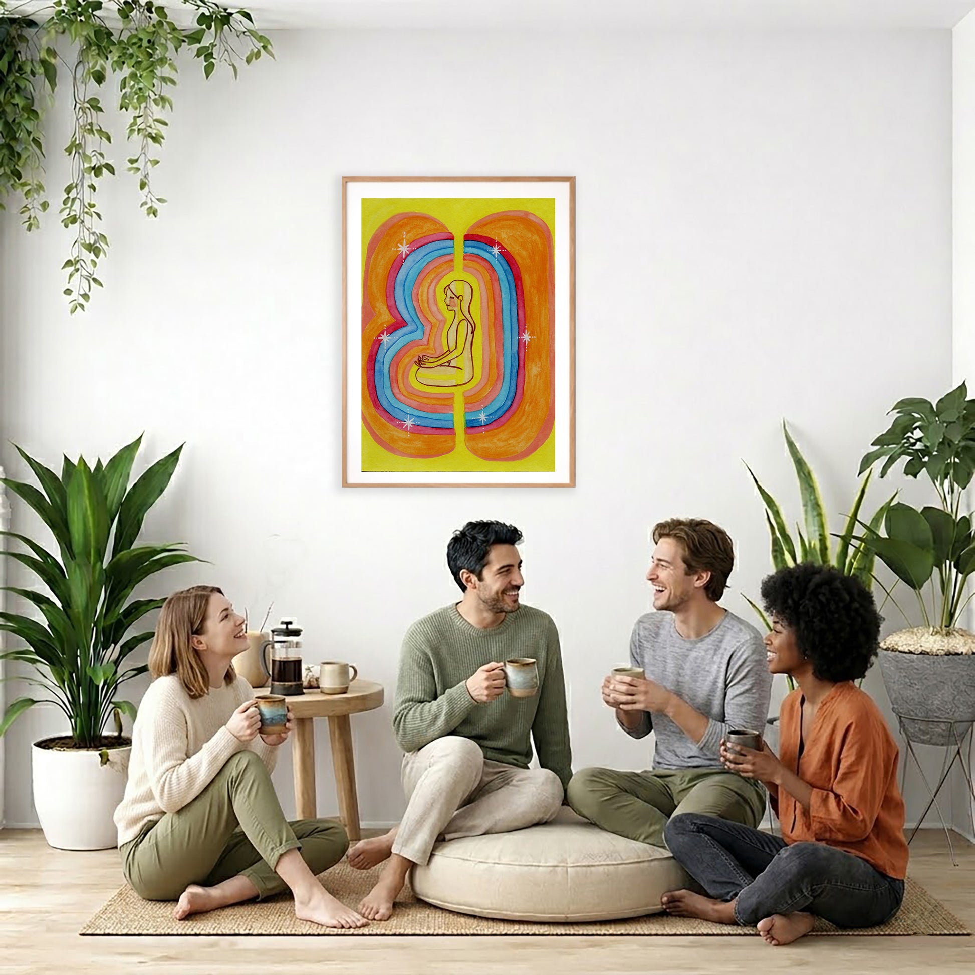 This poster showcases the beautiful, layered colors of the human aura.  The poster is framed and is in the center of the living room wall. Four friends are sitting on the living room carpet below the poster. They are drinking coffee. To the left is a green floor plant and a hanging green plant. To the right of them is a green floor plant. 