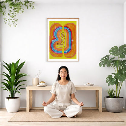 This poster showcases the beautiful, layered colors of the human aura. The poster is framed and is in the center of the living room wall. There is a woman meditating facing away from the wall. Behind her is a coffee table with incense and a Buddha statue. There are potted plants on the right and left side of the background.
