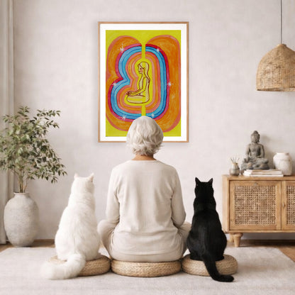 This poster showcases the beautiful, layered colors of the human aura. The poster is framed and is in the center of the living room wall. A woman is meditating facing the poster with a white cat on her left side and a black cat on her right side. There is a potted plant on the left side and a cabinet with a Buddha statue on it on the right side. 