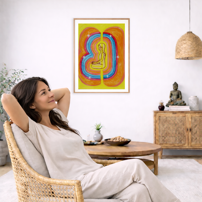 This poster showcases the beautiful, layered colors of the human aura.  The poster is framed and is in the center of the living room wall. To the left a woman is relaxing in her chair with her hands behind her head. There is a small coffee table beside her with a bowl of walnuts, incense and a small green plant. On the right side of the room is a cabinet with a Buddha statue, books and an urn on it. To the left is a green floor plant.