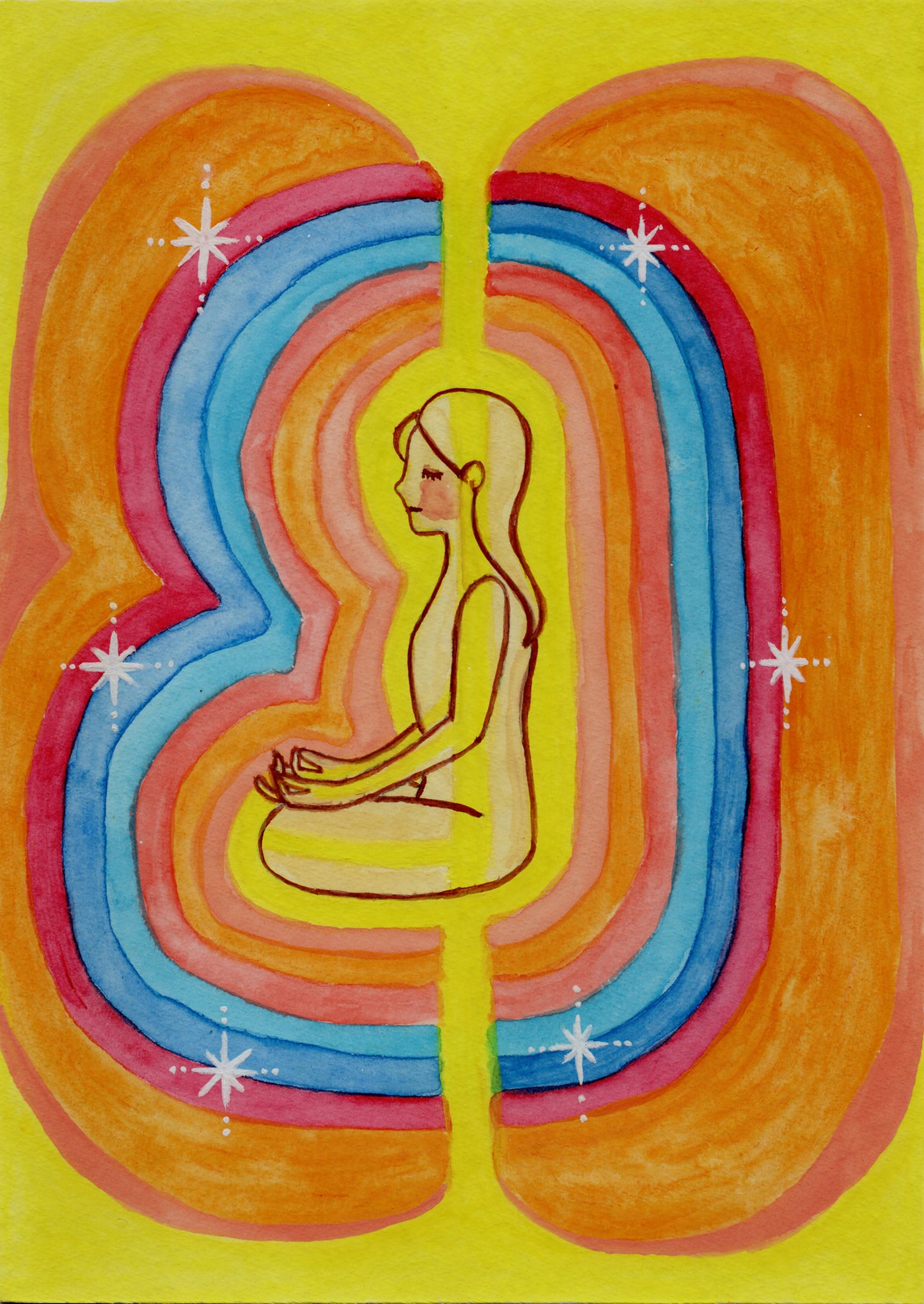 This poster showcases the beautiful, layered colors of the human aura. This is a print of the original hand-painted watercolor by Brazilian artist Thaís Suizo for the LET'S MEDITATE SERIES of mediation guides.
 