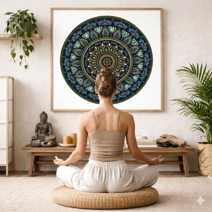 Mandala with detailed green patterns and gold outer rim, symmetrical meditation artwork with vibrant contrast printed on a mindfulness poster. The poster is framed hanging on a living room wall. A woman is mediating facing the poster. There is a coffee table in front of her with burning candles and a Buddha statue. There are green potted plants on each side of the room.
