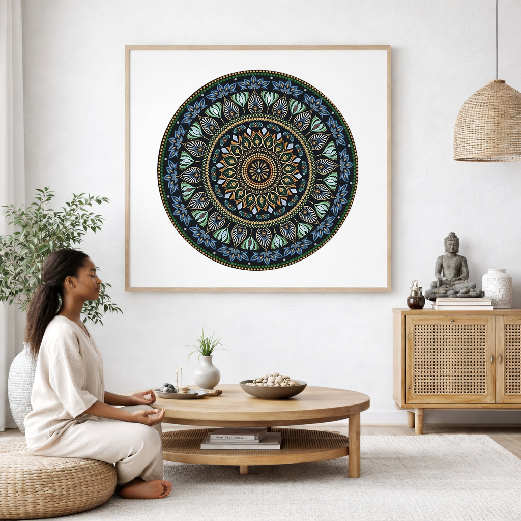Mandala with detailed green patterns and gold outer rim, symmetrical meditation artwork with vibrant contrast printed on a mindfulness poster. The poster is in the center of the living room wall. A woman is on a chair on the left side of his living room meditating. There is a green potted plant behind her. On the right side is a cabinet with a Buddha statue on it.
