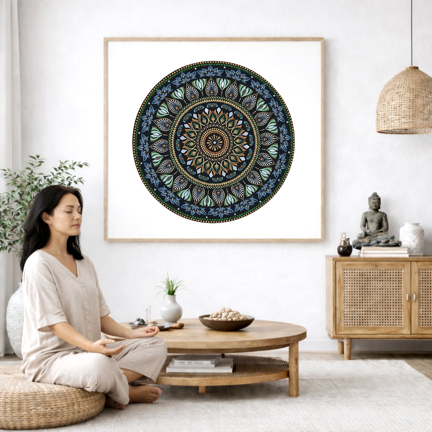 Mandala with detailed green patterns and gold outer rim, symmetrical meditation artwork with vibrant contrast printed on a mindfulness poster. The poster is in the center of the living room wall. A woman is on a chair on the left side of his living room meditating. There is a green potted plant behind her. On the right side is a cabinet with a Buddha statue on it.

