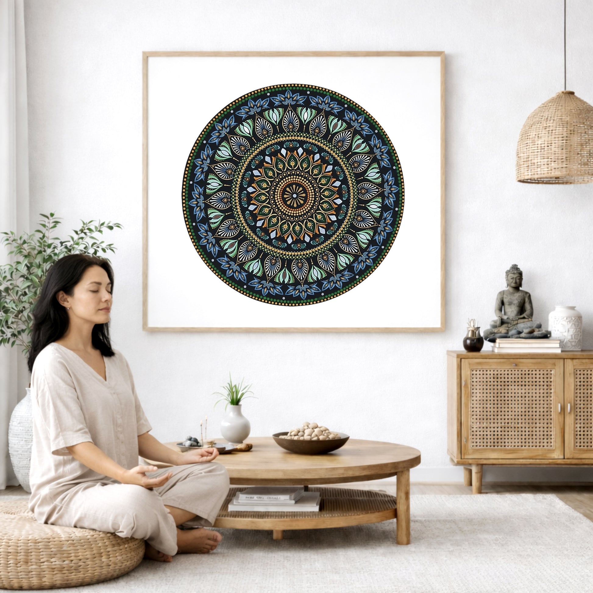 Mandala with detailed green patterns and gold outer rim, symmetrical meditation artwork with vibrant contrast printed on a mindfulness poster. The poster is in the center of the living room wall. A woman is on a chair on the left side of his living room meditating. There is a green potted plant behind her. On the right side is a cabinet with a Buddha statue on it.
