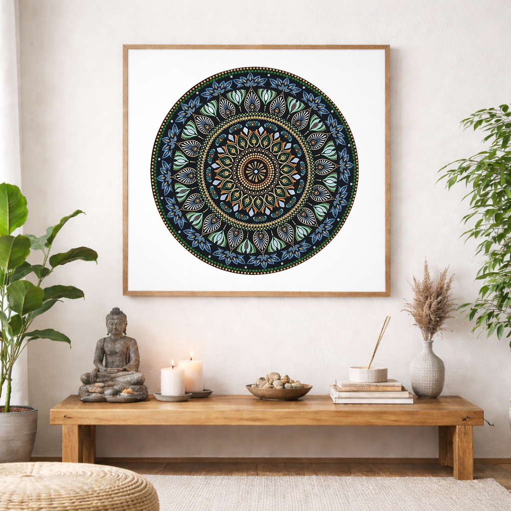 Mandala with detailed green patterns and gold outer rim, symmetrical meditation artwork with vibrant contrast printed on a mindfulness poster.  The poster is in the center of the living room wall. There is a coffee table below the poster with burning candles, incense and a Buddha statue.