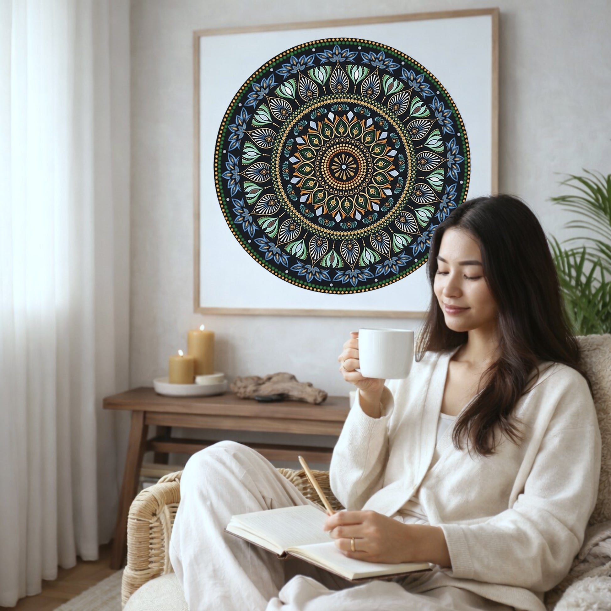 Mandala with detailed green patterns and gold outer rim, symmetrical meditation artwork with vibrant contrast printed on a mindfulness poster.  The poster is in the center of the living room wall. There is a coffee table below the poster with burning candles. A woman is sitting in a wicker chair on the right side of the poster with a cup of tea writing in her journal.
