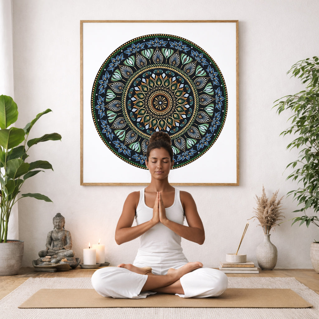 Mandala with detailed green patterns and gold outer rim, symmetrical meditation artwork with vibrant contrast printed on a mindfulness poster.  The poster is in the center of the living room wall. There is a woman meditating facing away from the wall. Behind her is a coffee table with incense and a Buddha statue. There are potted plants on the right and left side of the background.
