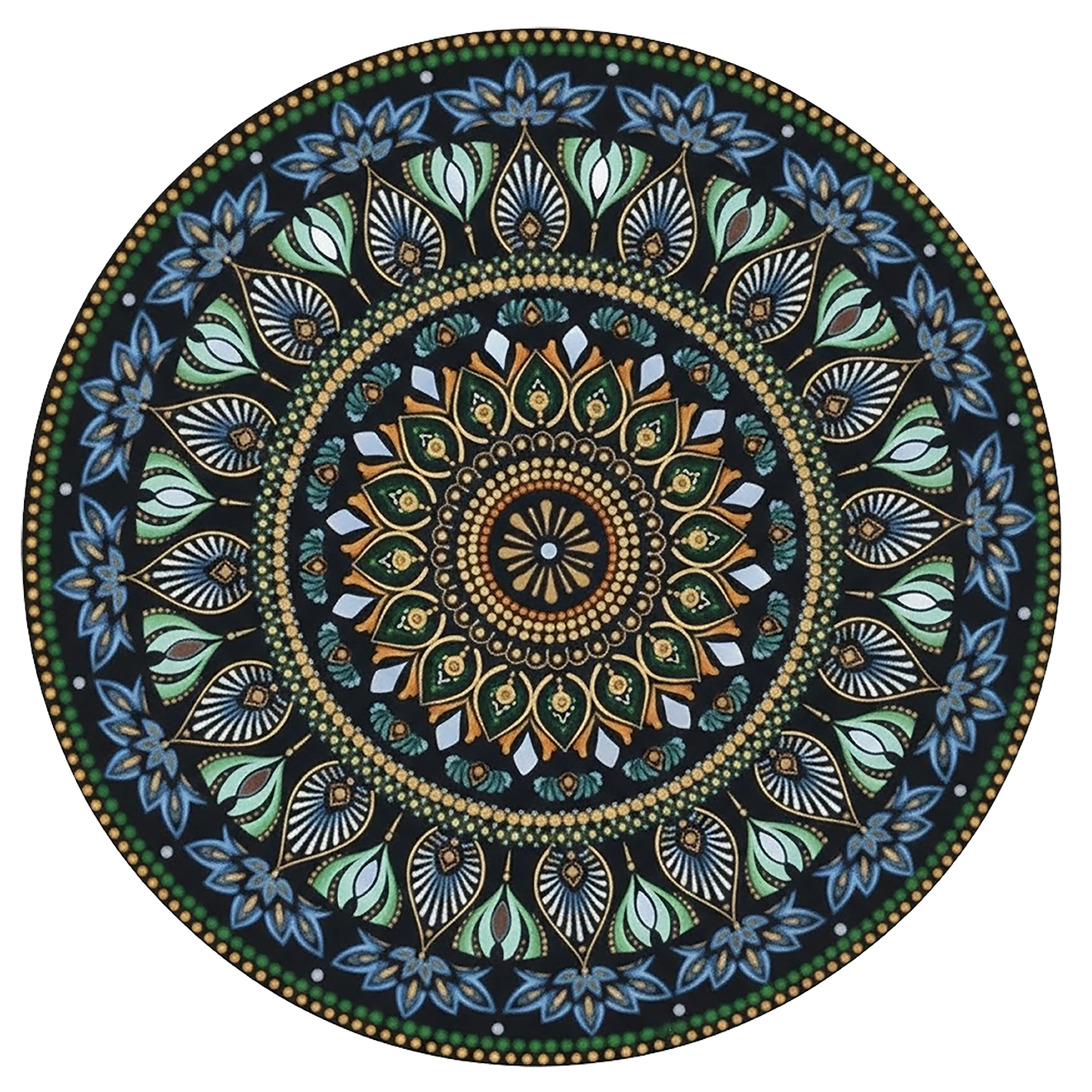 Thumbnail of a Mandala with detailed green patterns and gold outer rim, symmetrical meditation artwork with vibrant contrast printed on a mindfulness poster. 