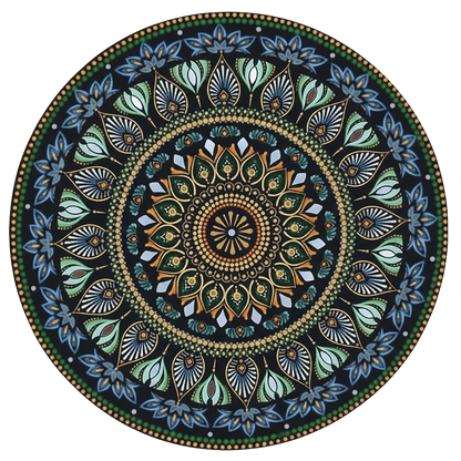 Thumbnail of a Mandala with detailed green patterns and gold outer rim, symmetrical meditation artwork with vibrant contrast printed on a mindfulness poster. 