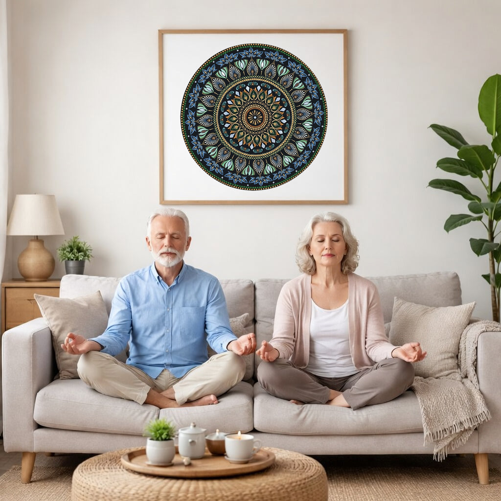 Mandala with detailed green patterns and gold outer rim, symmetrical meditation artwork with vibrant contrast printed on a mindfulness poster.  A couple is meditating on their couch. The poster is framed on a wall behind them. There is a coffee table in front with candles burning and a potted plant. There is a potted plant to the right and shelves on the left.
