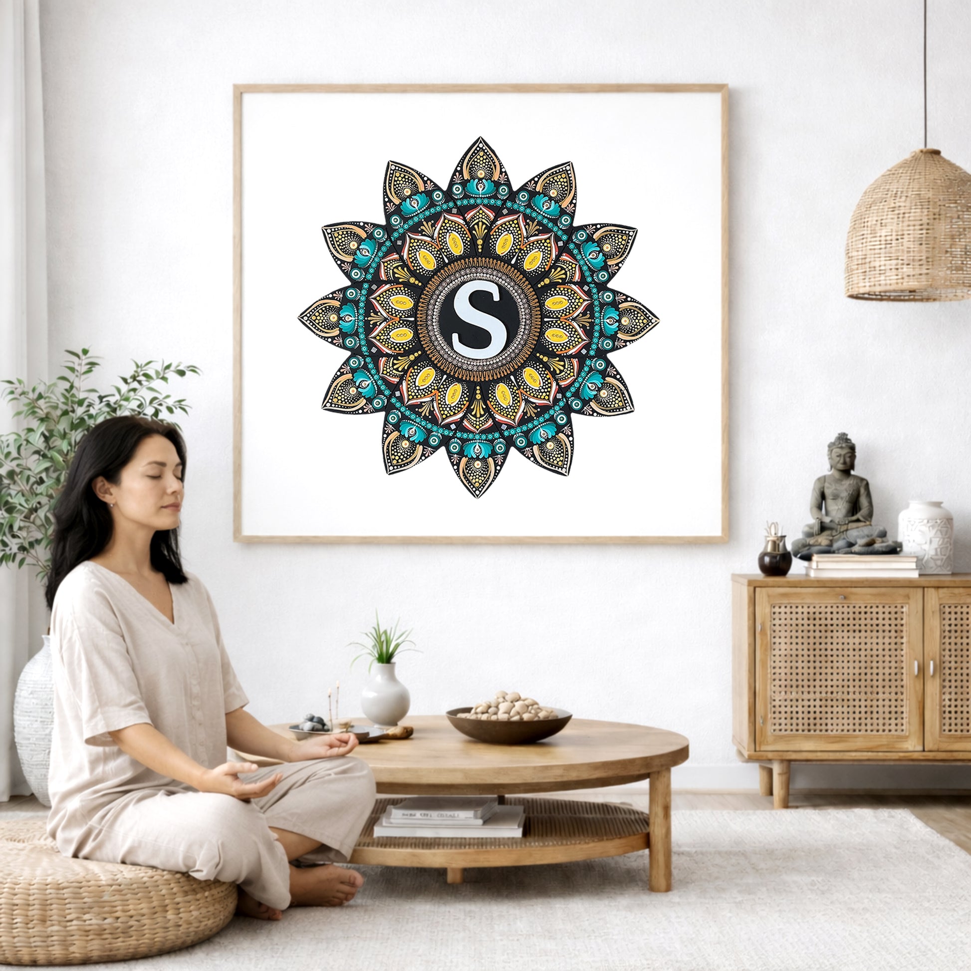 Detailed mandala with stylized S shape in the center, surrounded by intricate geometric layers, unique meditation artwork on a poster.  The mandala poster is framed and is in the center of the living room wall. A woman is on a chair on the left side of his living room meditating. There is a green potted plant behind her. On the right side is a cabinet with a Buddha statue on it.
