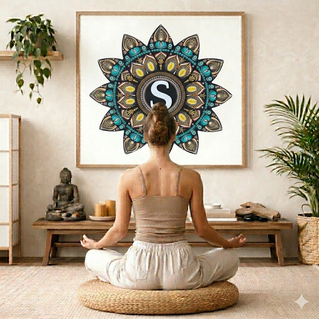 Detailed mandala with stylized S shape in the center, surrounded by intricate geometric layers, unique meditation artwork on a poster.  The mandala is framed hanging on a living room wall. A woman is mediating facing the mandala. There is a coffee table in front of her with candles and a Buddha statue. There are green potted plants on each side of the room.
