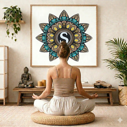 Detailed mandala with stylized S shape in the center, surrounded by intricate geometric layers, unique meditation artwork on a poster.  The mandala is framed hanging on a living room wall. A woman is mediating facing the mandala. There is a coffee table in front of her with candles and a Buddha statue. There are green potted plants on each side of the room.
