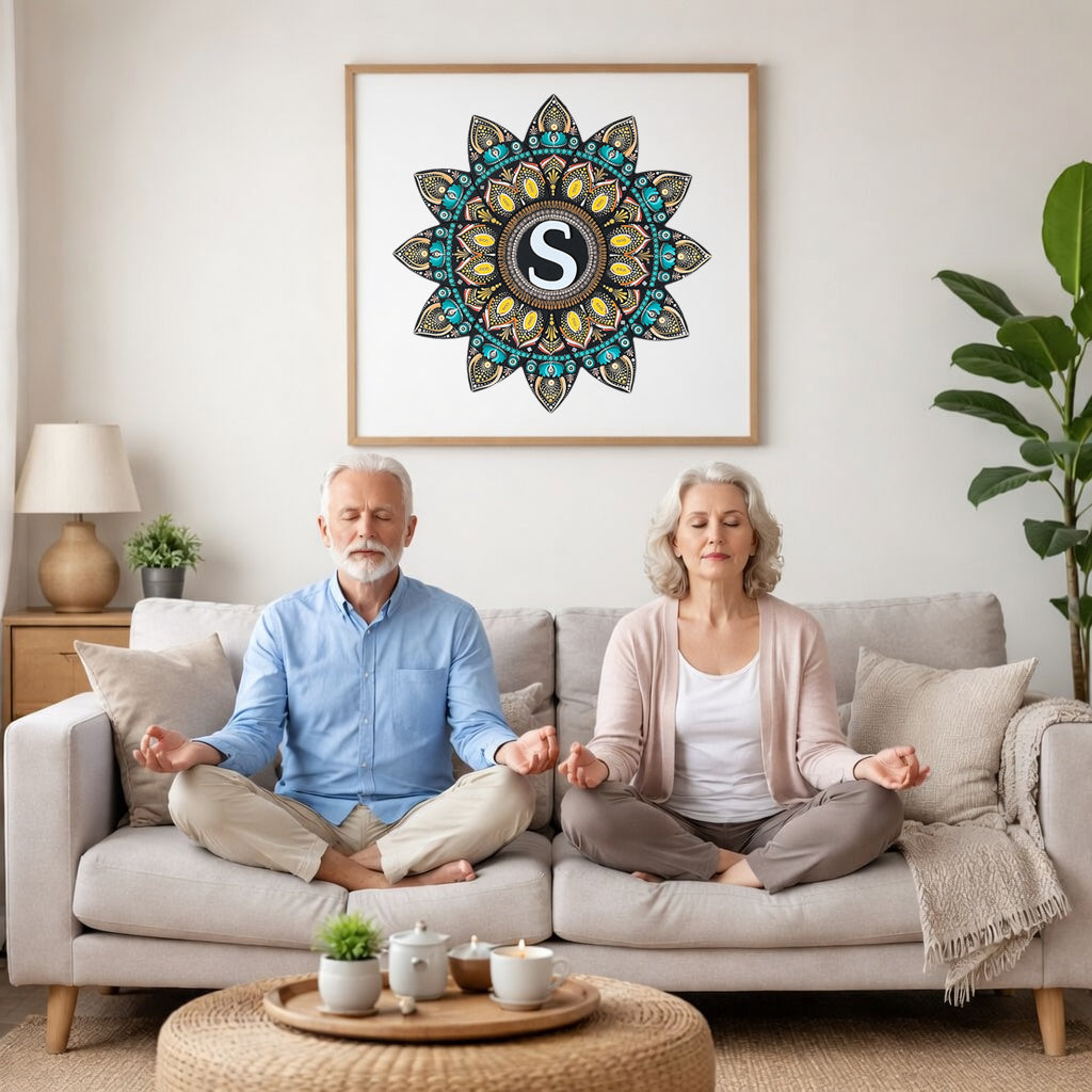 Detailed mandala with stylized S shape in the center, surrounded by intricate geometric layers, unique meditation artwork on a poster.  An elderly couple is meditating on their couch. The mandala is framed on a wall behind them. There is a coffee table in front with candles burning and a potted plant. There is a potted plant to the right and shelves on the left.
