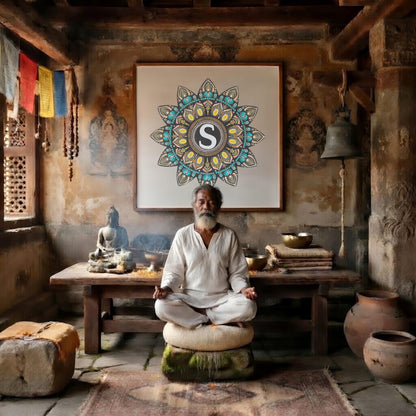 Detailed mandala with stylized S shape in the center, surrounded by intricate geometric layers, unique meditation artwork on a poster.  A man is meditating in a Buddhist temple. The mandala is on the wall behind him. There is a table behind him with a Buddha statue on it and burning incense. To the left is an open window. To the left are some clay pots and a bell. The wall behind him has very old faded images on it.
