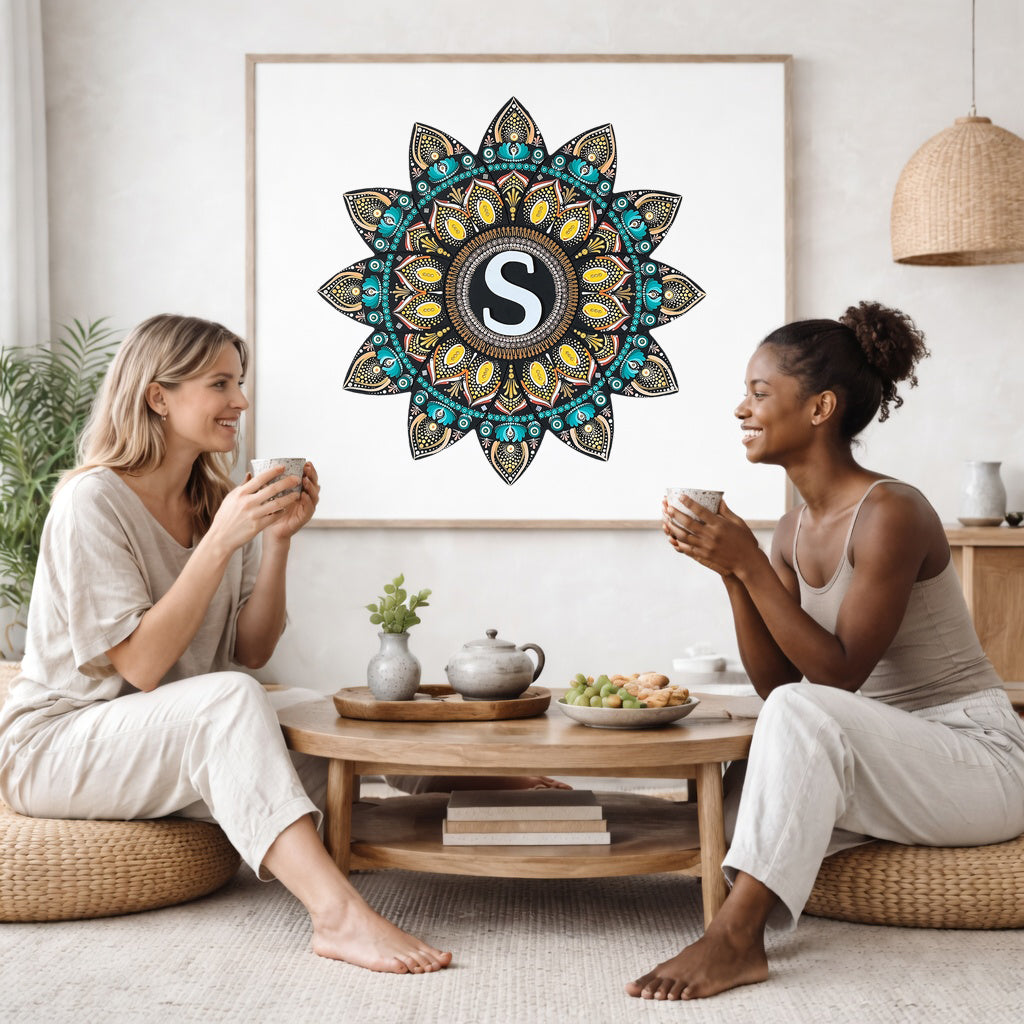 Detailed mandala with stylized S shape in the center, surrounded by intricate geometric layers, unique meditation artwork on a poster.  The mandala poster is framed and is in the center of the living room wall. Two female friends are having tea, grapes and cookies on a coffee table in front of the mandala poster. On the left there is a green potted plant and to the right there is a hanging lamp.

