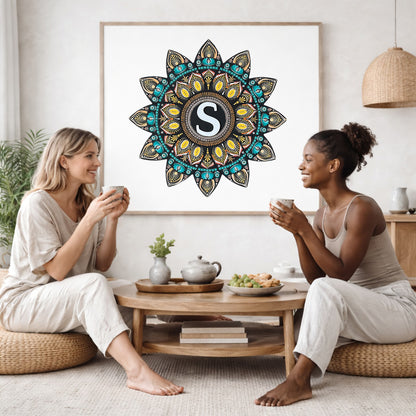 Detailed mandala with stylized S shape in the center, surrounded by intricate geometric layers, unique meditation artwork on a poster.  The mandala poster is framed and is in the center of the living room wall. Two female friends are having tea, grapes and cookies on a coffee table in front of the mandala poster. On the left there is a green potted plant and to the right there is a hanging lamp.
