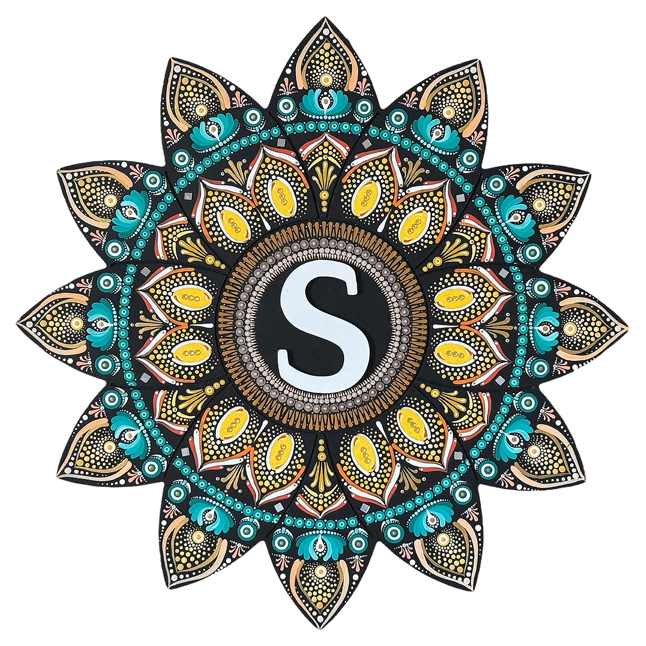 Detailed mandala with stylized S shape in the center, surrounded by intricate geometric layers, unique meditation artwork on a poster.  This is a print of the original hand-painted mandala by Brazilian artist Claudia Stagni.