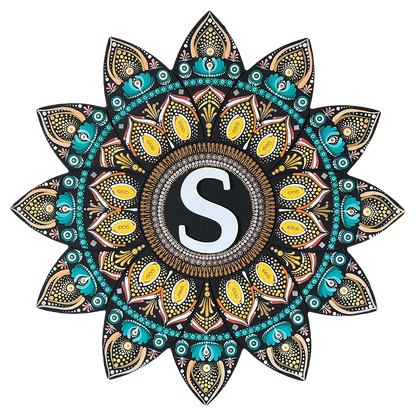 Detailed mandala with stylized S shape in the center, surrounded by intricate geometric layers, unique meditation artwork on a poster.  This is a print of the original hand-painted mandala by Brazilian artist Claudia Stagni.