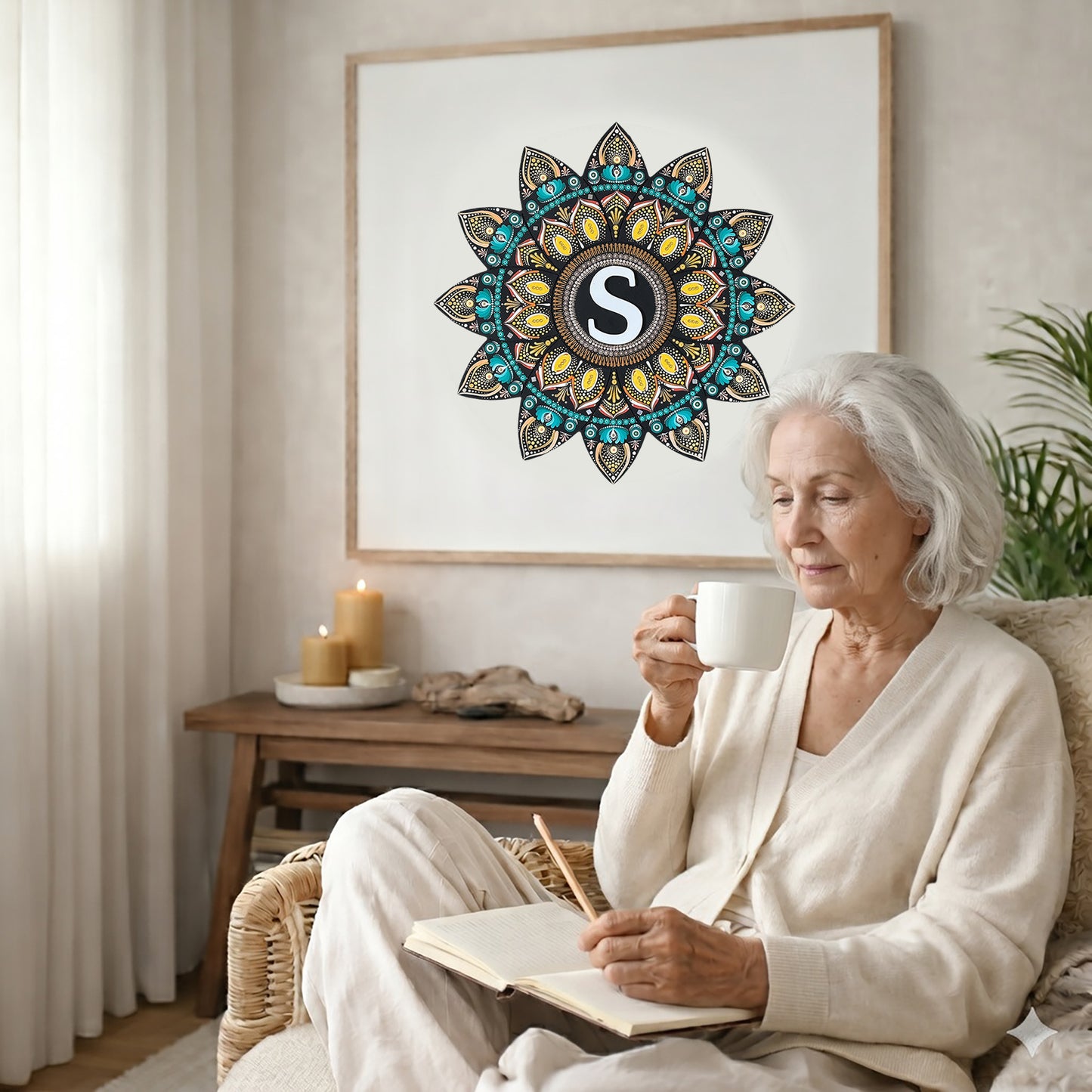 Detailed mandala with stylized S shape in the center, surrounded by intricate geometric layers, unique meditation artwork on a poster. The mandala poster is framed and is in the center of the living room wall. There is a coffee table below the poster with burning candles. An elderly woman is sitting in a wicker chair on the right side of the mandala with a cup of tea writing in her journal.
