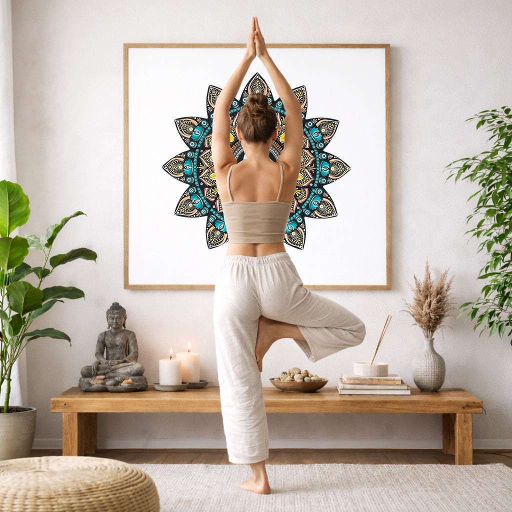 Detailed mandala with stylized S shape in the center, surrounded by intricate geometric layers, unique meditation artwork on a poster.  The mandala is framed hanging on a living room wall. A woman is doing the yoga tree pose (Vrksasana) facing the mandala. There is a coffee table in front of her with candles and a Buddha statue. There are green potted plants on each side of the room.
