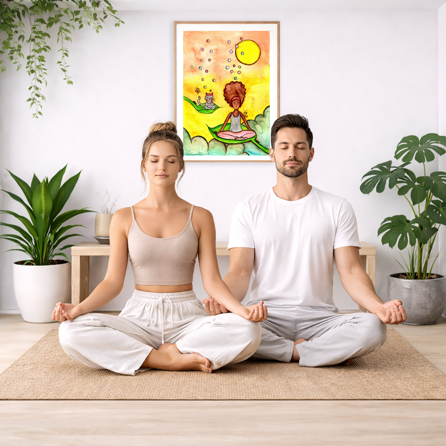 Poster of a woman and a cat meditating on a leaf with a yellow sunny background.   The poster is framed and is in the center of the living room wall. A couple are sitting on the living room carpet meditating. To the left is a green floor plant and a hanging green plant. To the right of them is a green floor plant.
