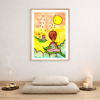 Poster of a woman and a cat meditating on a leaf with a yellow sunny background.   The poster is framed and is in the center of the living room wall. Below the poster is are two pillows on a hardwood floor. To the bottom left there is incense and candles on a tray. To the right there are two candles burning.