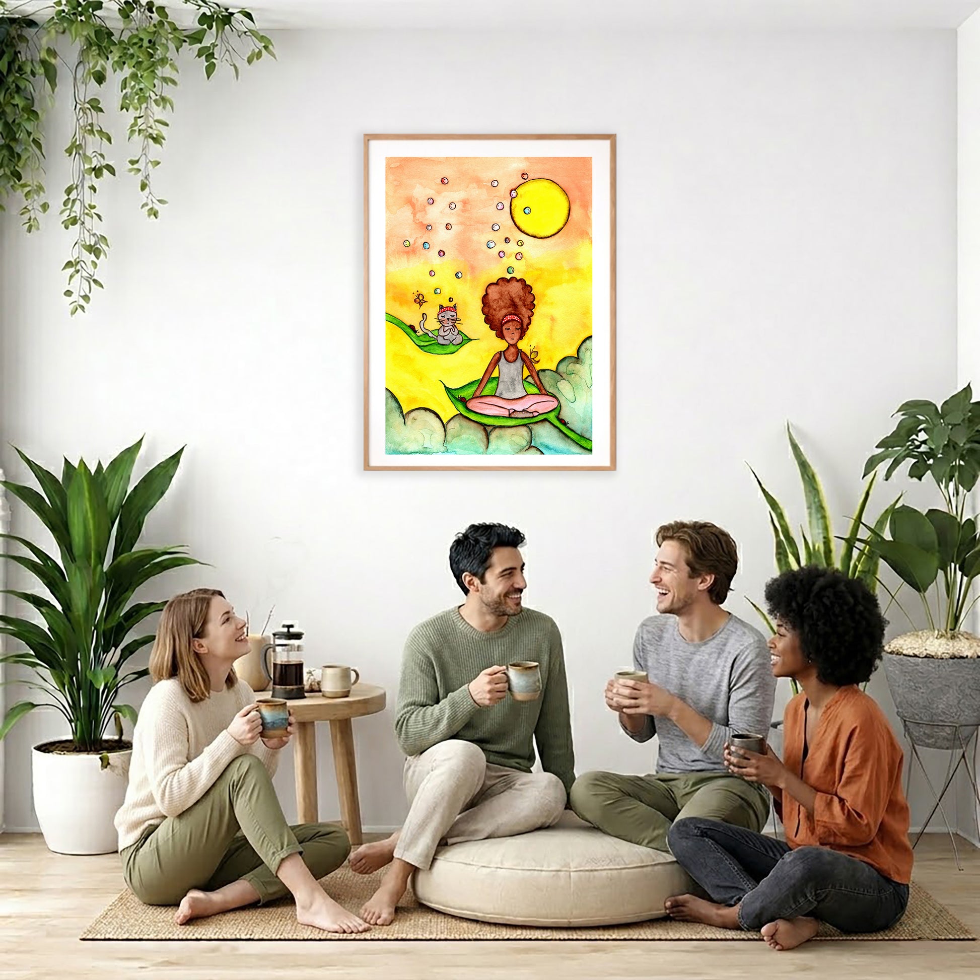 Poster of a woman and a cat meditating on a leaf with a yellow sunny background.   The poster is framed and is in the center of the living room wall. Four friends are sitting on the living room carpet below the poster. They are drinking coffee. To the left is a green floor plant and a hanging green plant. To the right of them is a green floor plant.
