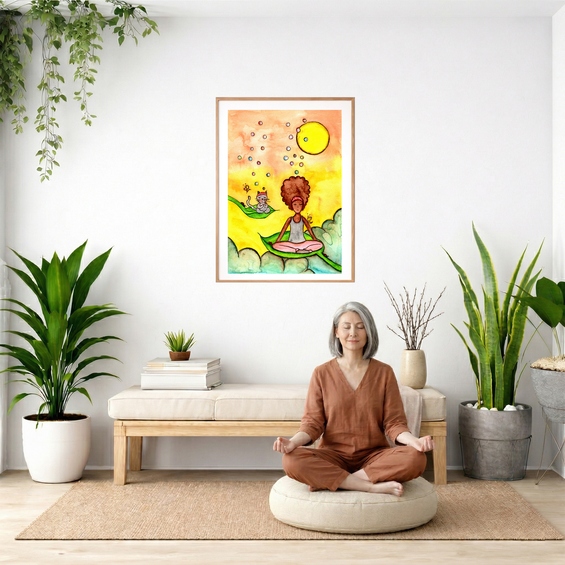 Poster of a woman and a cat meditating on a leaf with a yellow sunny background.  The poster is framed and is in the center of the living room wall. There is a woman meditating facing away from the wall. Behind her is a coffee table with incense and a Buddha statue. There are potted plants on the right and left side of the background.
