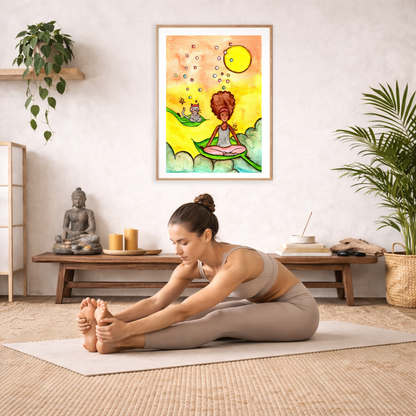Poster of a woman and a cat meditating on a leaf with a yellow sunny background.  The poster is framed and is in the center of the living room wall. A woman is doing a sitting forward bend on her yoga mat. There is a coffee table below the poster with burning candles, incense, a Buddha statue and a big piece of driftwood.
 