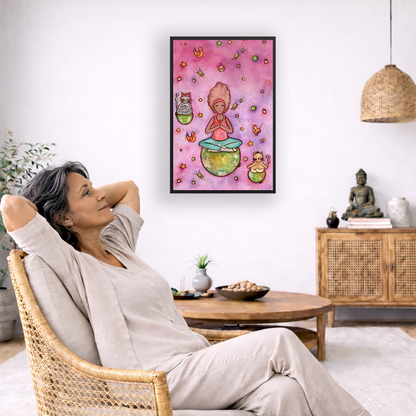 Poster of a woman and her cats meditating atop their own personal worlds with a pink background. The poster is framed and is in the center of the living room wall. To the left a woman is relaxing in her chair with her hands behind her head. There is a small coffee table beside her with a bowl of walnuts, incense and a small green plant. On the right side of the room is a cabinet with a Buddha statue, books and an urn on it. To the left is a green floor plant.
