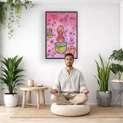Poster of a woman and her cats meditating atop their own personal worlds with a pink background. The poster is framed and is in the center of the living room wall. There is a man meditating facing away from the wall. Behind him is a coffee table with incense and a Buddha statue. There are potted plants on the right and left side of the background.
