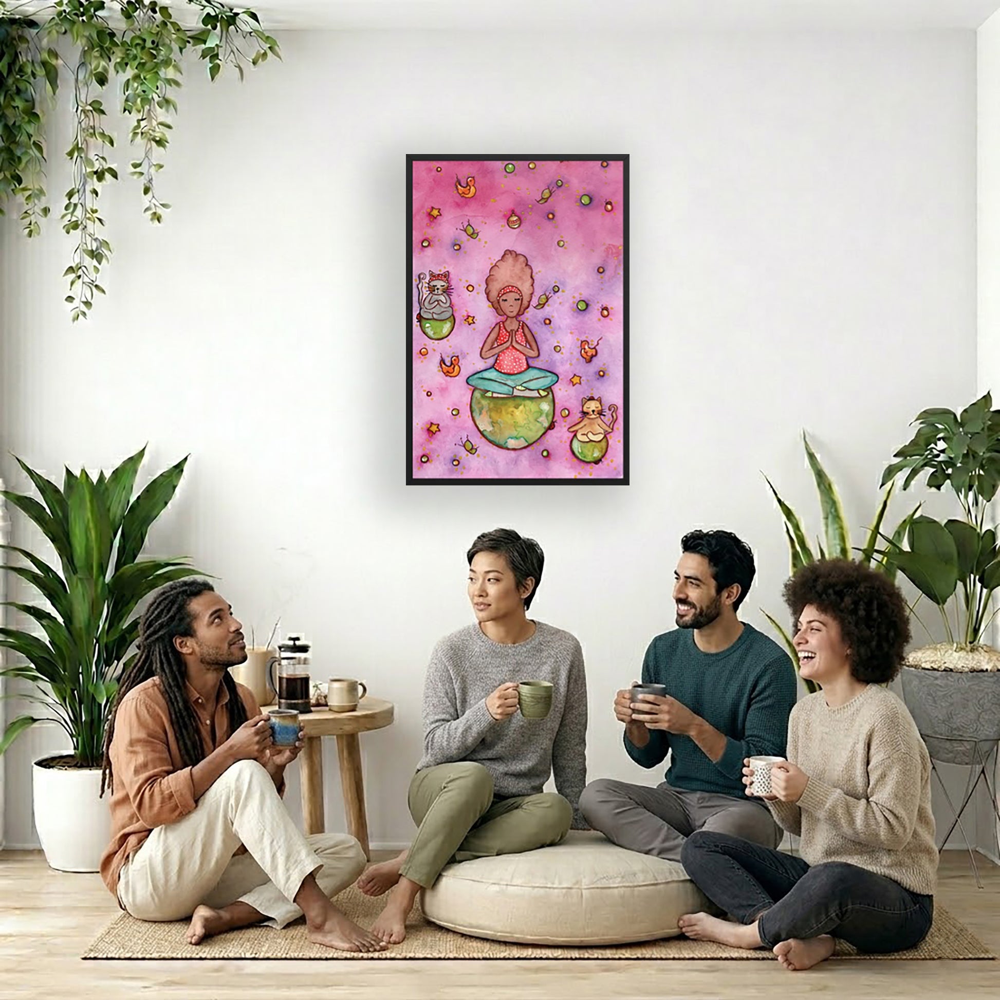 Poster of a woman and her cats meditating atop their own personal worlds with a pink background. The poster is framed and is in the center of the living room wall. Four friends are sitting on the living room carpet below the poster. They are drinking coffee. To the left is a green floor plant and a hanging green plant. To the right of them is a green floor plant.
