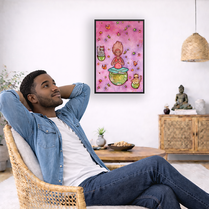 Poster of a woman and her cats meditating atop their own personal worlds with a pink background. The poster is framed and is in the center of the living room wall. To the left a man is relaxing in her chair with his hands behind his head. There is a small coffee table beside him with a bowl of walnuts, incense and a small green plant. On the right side of the room is a cabinet with a Buddha statue, books and an urn on it. To the left is a green floor plant.