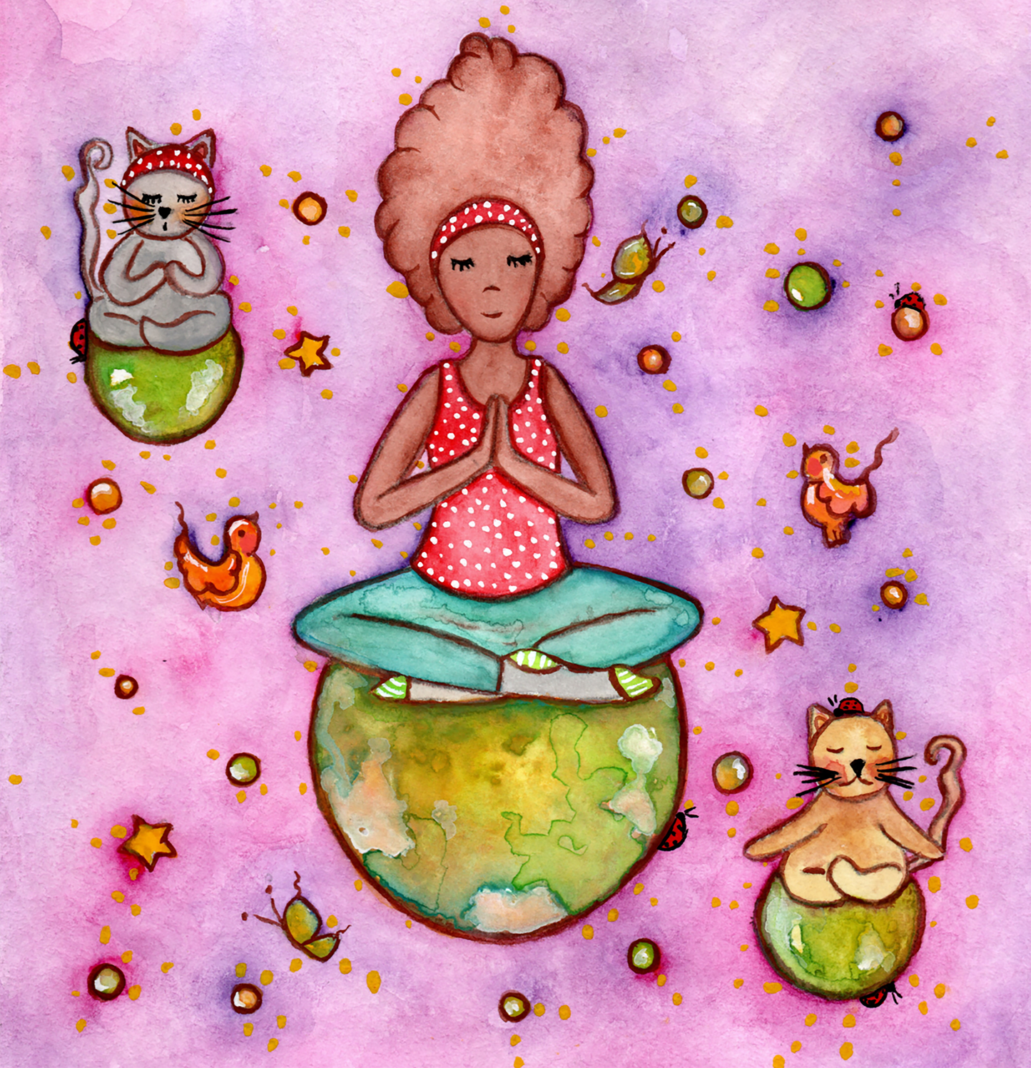 Poster of a woman and her cats meditating atop their own personal worlds with a pink background. This is a thumbnail of the original hand-painted watercolor by Brazilian artist Thaís Suizo for the LET'S MEDITATE SERIES of mediation guides.