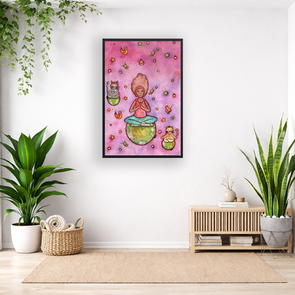 Poster of a woman and her cats meditating atop their own personal worlds with a pink background.  The poster is framed and is in the center of the living room wall. Below the poster to the left is a basket of material and a green floor plant. There is also a green hanging plant. To the right is a small table with books, a candle and a vase with dry flora. There is also a large green floor plant.