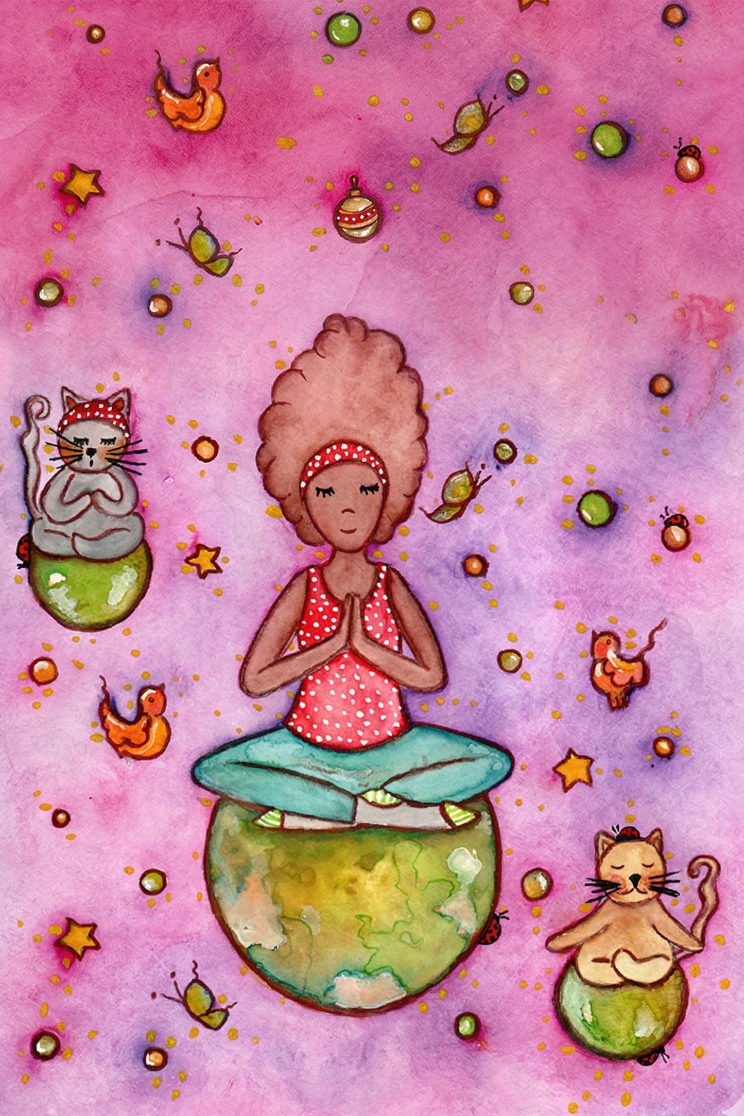 Poster of a woman and her cats meditating atop their own personal worlds with a pink background.  This is a print of the original watercolor by Brazilian artist Thaís Suizo created for the LET'S MEDITATE SERIES of mediation guides. 