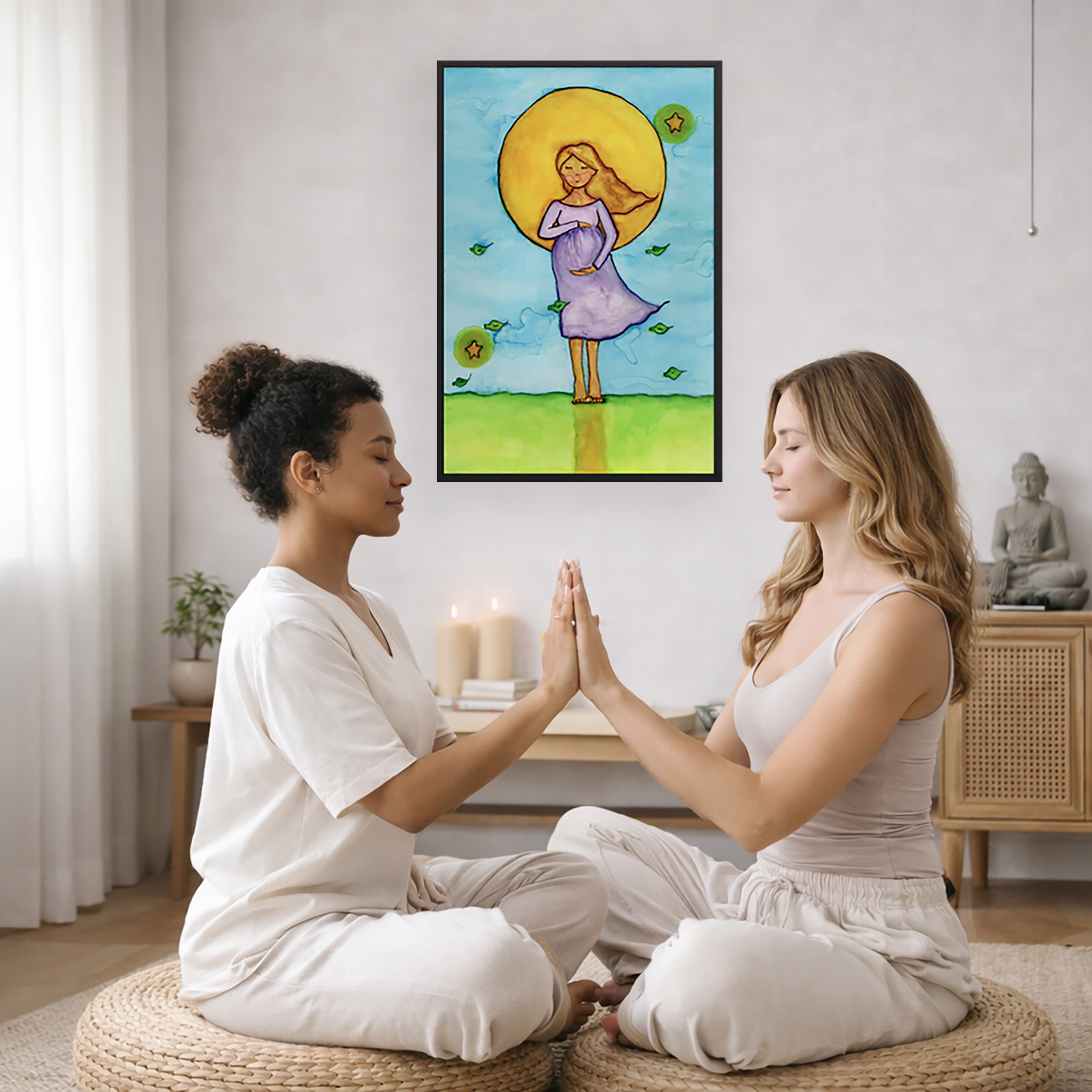 Woman standing in meditation under a bright sun with soft blue sky background, framed watercolor print.  The poster is framed and is in the center of the living room wall. Two women are sitting on wicker pillows face to face with their hands pressing against one another, transferring healing energy. Behind them is a coffee table with two burning candles, some books and a potted plant. To the left is a cabinet with a Buddha statue on it.