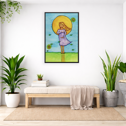 Woman standing in meditation under a bright sun with soft blue sky background, framed watercolor print.  The poster is framed and is in the center of the living room wall. Below the poster is a padded bench. On the bench is a pile of books and a small green potted plant. There is a silk sheet draped over the bench. There is a green hanging plant and floor plant on the left. There are two floor plants on the right.